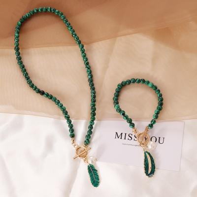 China Europe and America personalized fashion necklace retro malachite leaves pearl oil drop necklace for sale