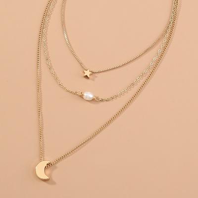 China Multilayer Pearl Metal Romantic Star Moon Necklace Star Moon Necklace for sale