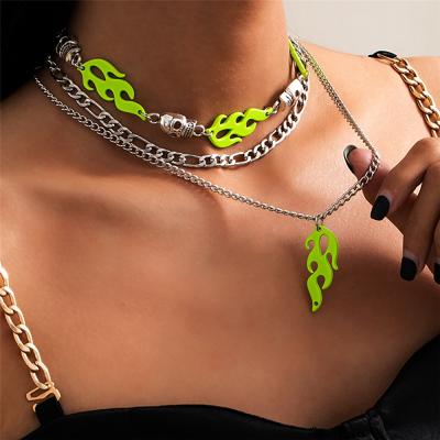 China Simple personalized geometric metal chain necklace with exaggerated green flame multilayer necklace for sale