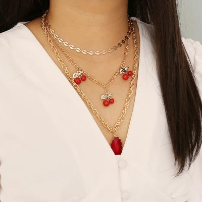 China Europe and America fashion niche creative red crystal cherry multilayer necklace for sale