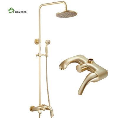 China With Slide Bar Gold Shower Brushed Brass Fitting 10 Inch Rainfall Shower Head Bathroom Shower Mixer Set for sale