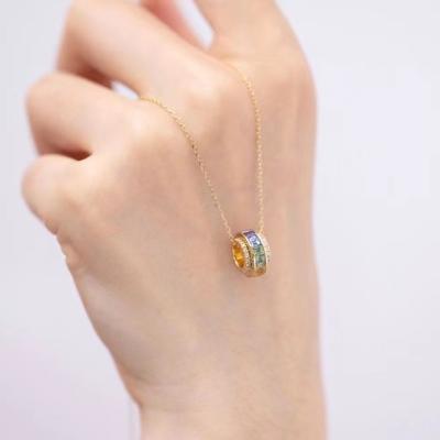 China CLASSIC Women's Rainbow Sapphire Stone Hollow Round Pendant 18K Real Diamond Necklace for sale