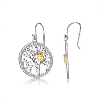 China TRENDY Tree of Life Owl Drop Earrings, S925 Sterling Silver Cubic Zircon Earrings 18k Gold Plated Women Fashion Jewelry for sale