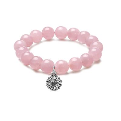 China Women's Natural Romantic Sunflower Gemstone Bracelet, 12mm Rose Quartz Stretch Pink Bracelet, 925 Silver Flower Pendant for sale