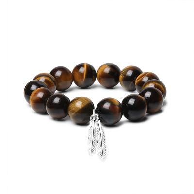 China Neo-Gothic Mens Feather Silver Gemstone 14mm Feather Pendant Tiger Eye Beaded Stretch Bracelet 925 Bracelet Natural Yellow for sale