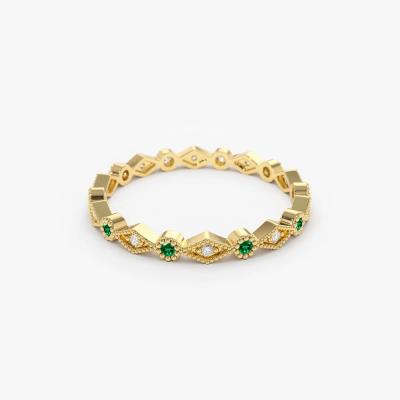 China Unique CLASSIC Natural Emerald Eternity Band Art Deco Wedding Band Full Gold Emerald Ring 14k for sale