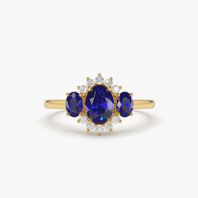 China Fashion CLASSIC 14k Three Sapphire Cluster Ring Soild Stone 18K Natural Diamond Ring Jewelry For Women for sale