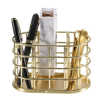 China Fashionable Nordic Gold Combination Creative Desk Accessories Iron Pen Rack Wire Mesh Pen Stand Makeup Brush Holder for sale