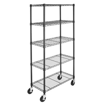 China Workable Shelf 5-Shelf Storage Unit On Wheel Casters Wire Trolley Metal Serving Wire Rack Organizer For Kitchen Living Room Chrome Silver for sale