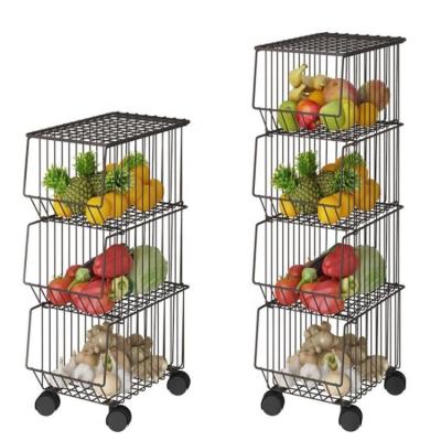 China Sustainable Metal Wire Bins with Wheels Cover Stackable Rolling Serving Organizer 5 Tier Fruit Basket Shelves Storage Bin for Kitchen Pantry for sale