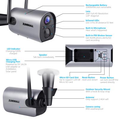 China Four Prevention Function Zumimall Low Power Night Vision Wifi Security Camera Lithium Battery Charger Solar Network Camera for sale