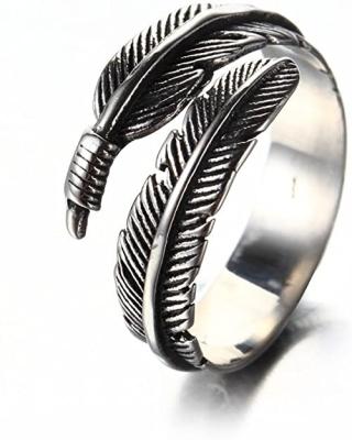 China Vintage Leaf Feather Form Opening Initial Ring Custom Stainless Steel Adjustable Vintage Rings for sale