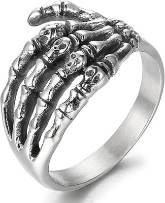 China Vintage stainless steel rings, with skeleton hand design, rhodium plated ring for men and women size 5-14 for sale