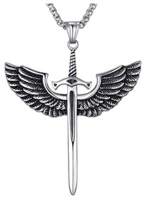 China Hiphop 2020 24 Inch Link Chain Men's Stainless Steel Angel Wings Sword Pendant Necklace Fashion Jewelry for sale