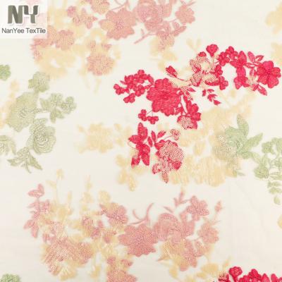 China Custom Sequin + Yarn Nanyee Textile Novelty Flower Design Embroidery Fabric for sale