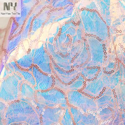 China Nanyee Textile Stock Breathable Pale Pink Matte Sequin Lace Fabric With Tulle for sale