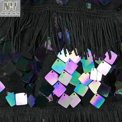 China Nanyee Textile 2.5cm Fluorescent Gasoline Color Dangling Square Shape Sequin Fabric for sale