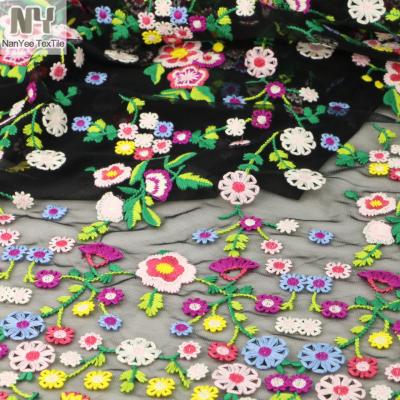 China Breathable Textile Flower Design Multicolor Nanyee Yarn Embroidered Net Fabric for sale