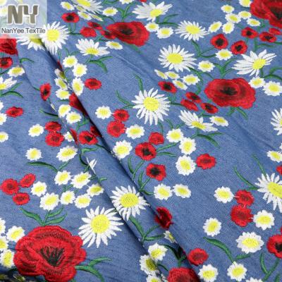 China Nanyee Breathable Textile Indigo Denim Thick Fashion Daisy Embroidery Fabric for sale