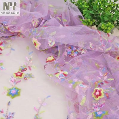 China Nanyee Breathable Textile Super Micro Multi Colors Sequins Beads Floral Net Embroidery Fabric Design for sale