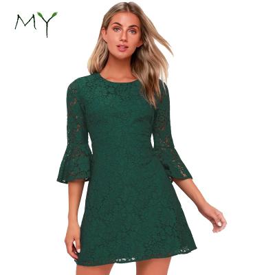 China Forest Green Lace Flounce Sleeve Washable Elegant Dress Dress for sale