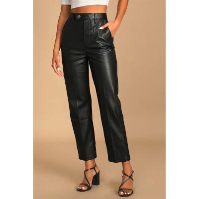 China Washable Vintage Black Faux Leather Vegan Leather Pants Women Trousers for sale