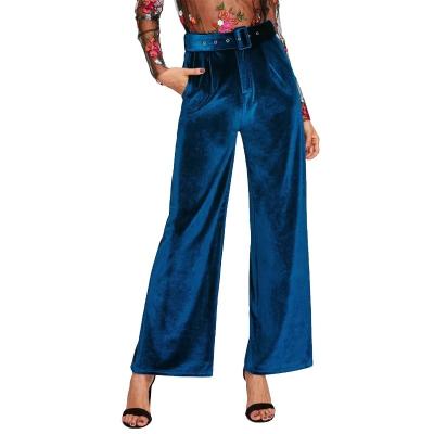 China Washable women and ladies fall winter pants where high waist buckle belt velvet loose fit long wide leg velvet pants for sale