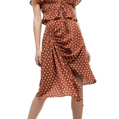 China Fashion Breathable Caramel Asymmetrical Skirt For Women Ruched Polka Dot Midi Skirt for sale