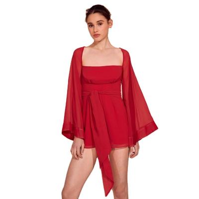 China Anti-Static Crimson Square Neckline Bell Sleeve Chiffon Playsuit For Women for sale