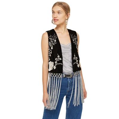 China Breathable Black Velvet Embroidered Waistcoat Vest For Women Spring Fringed Kimono for sale