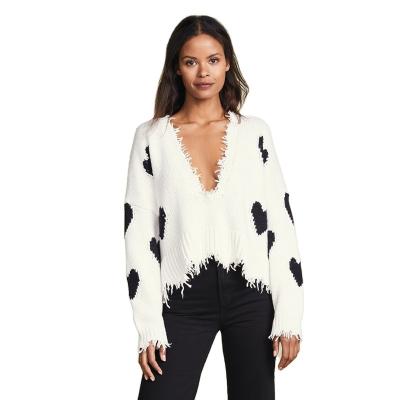 China Breathable Drop Shoulder V Neck Fringe Deep Dipping Hearts Knitted Sweater Tops For Women for sale