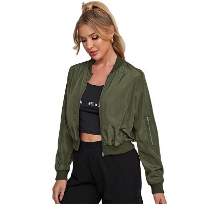 China Custom Women's Autumn Winter Satin Jacket Army Green Solid Bomber Jacket Washable for sale