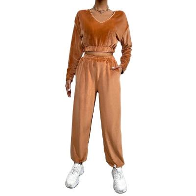 China Others Women's Drop Shoulder Velvet Crop Sweater And Two Piece Sweatpants Outfits for sale