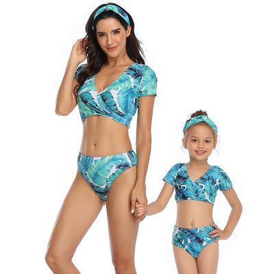 China 2020 Breathable Mommy And Me Swimwear New Arrival In-stock Print Palm Leaf Mommy And Me Matching Two Piece Swimsuits for sale