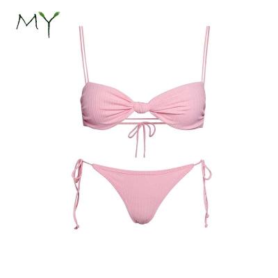 China Pink Ribbed Breathable Knot Front Top & Side Tie Bottom Tank Bikini Set for sale