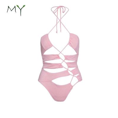 China Unique Breathable Sexy High Cut Lady's One Piece Tank Top Pink Halter Ribbed Swimsuit for sale