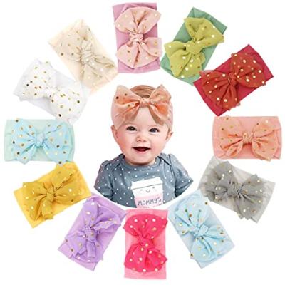 China 12 Colors Baby Headbands and Soft Bows Chiffon Hair Bows with Small Glitter Headwraps Christ Turban Dots Soft Elastic Nylon Hairbands for sale