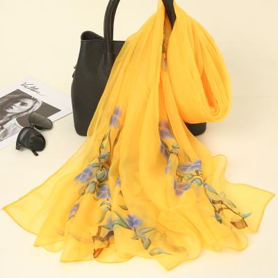 China Hangzhou 100% Pure Silk Chiffon Print Flower Pattern Scarves Long Scarf For Women for sale