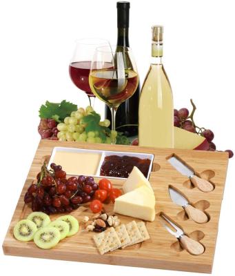 China Sustainable Bamboo Cheese Board Charcuterie Tray Set With 3 Stainless Steel Knives for sale