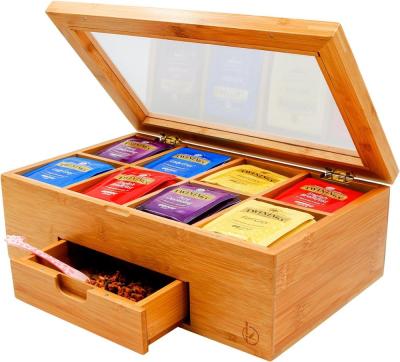 China Sustainable bamboo tea box chest with 8 storage sections and slide out drawer to keep your bagged and loose teas fresh for sale