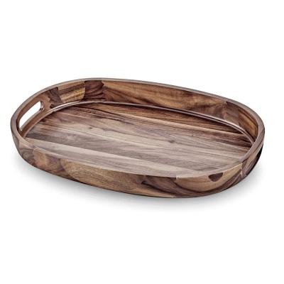 China Eco-friendly wooden serving tray - oval acacia wood decorative tray with handles for parties and breakfast in bed or on stools for sale