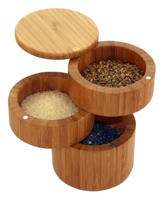 China Sustainable bamboo triple salt box container with magnetic lid for safe strong storage and three compartments for sale