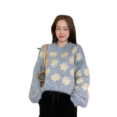 China High Quality Women Anti Shrink Embroidered Sweater Customized Pullover With Sun Flowers for sale