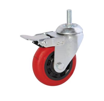 China Haopai Contemporary Caster 3 Inch Polyurethane Brake Wheel Medium Red Black Screw Stem Flat Caster 127010 for sale