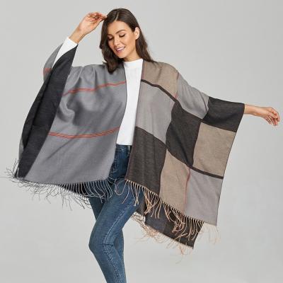 China Dobby Lady Autumn Winter Scarf Small Retro Oblique Stripe Lattice Slit Shawl Fashion Coat for sale