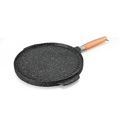 China Sustainable Hot Sale 28cm Round Pan Cooking Pot Marble Pan Aluminum Die Casting Grill Pan With Wooden Handle for sale