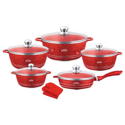 China Durable Classic 12 Pcs Multifunctional Aluminum Non-Stick Porcelain Red Camping Cookware Sets Cooking Pots And Pans for sale