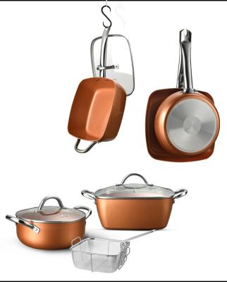 China Sustainable Eco Friendly Korea Kitchen 5pc Luxury Copper 100% Aluminum Stick Non Cooking Ceramic Pot Cookware Set With Glass Lid for sale