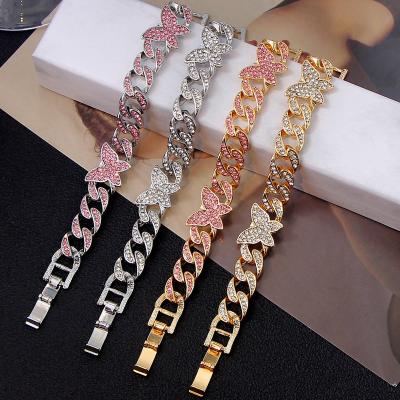 China Hiphop New Romantic Hip Hop Iced Out Pink Bling CZ Cuban Chain Tennis Jewelry Butterfly Anklets For Women for sale