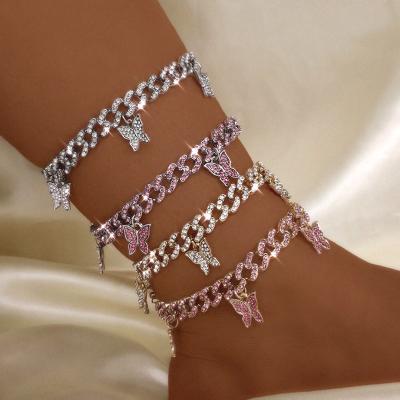 China Trendy Hip Hop Bling Bling Crystal Cuban Chain Barefoot Anklets For Women Rose Rhinestone Pave Butterfly Anklet Jewelry for sale